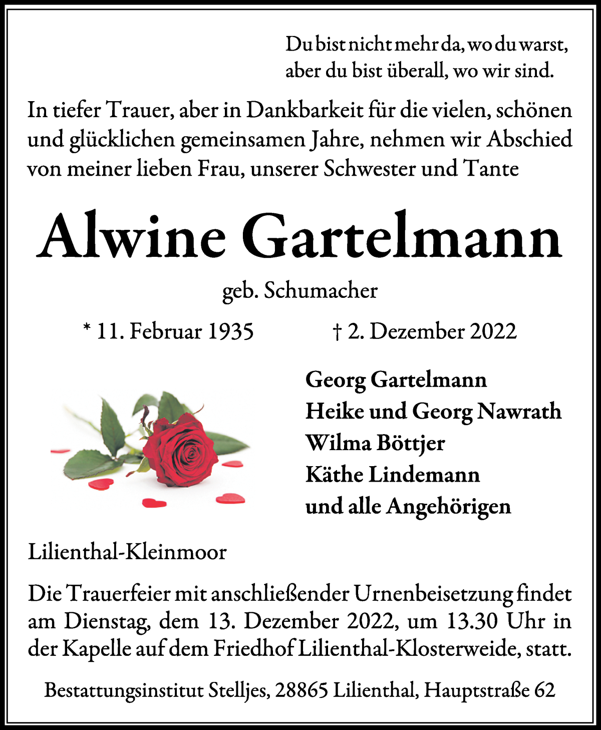  Traueranzeige für Alwine Gartelmann vom 07.12.2022 aus Wuemme Zeitung