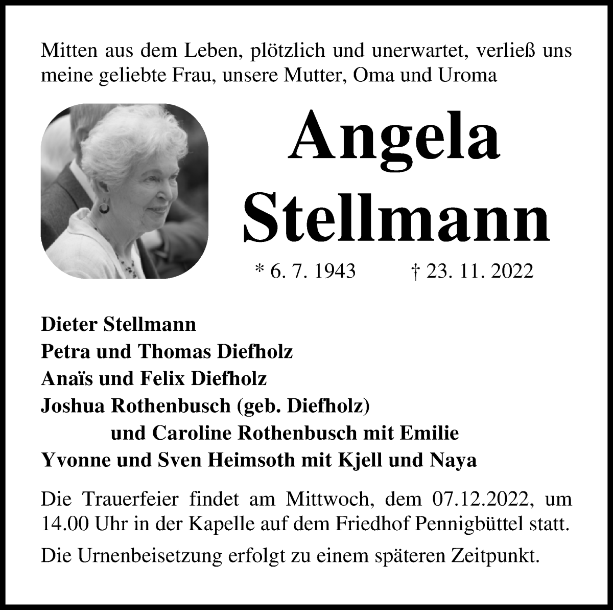 Traueranzeige von Angela Stellmann von Osterholzer Kreisblatt