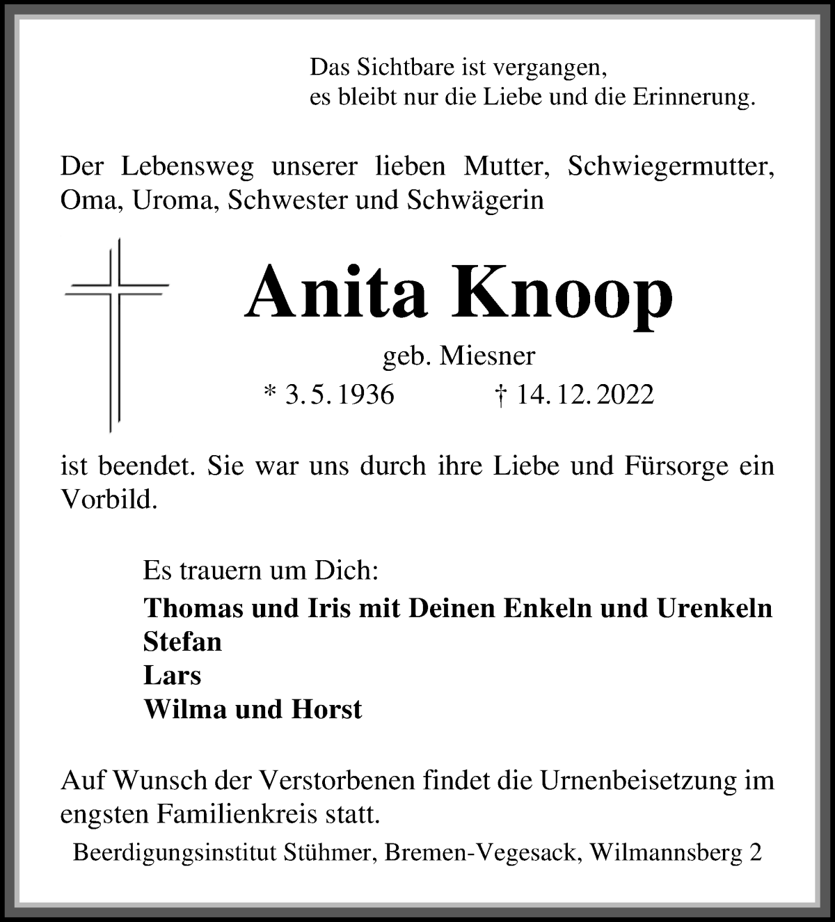 Traueranzeige von Anita Knoop von Die Norddeutsche