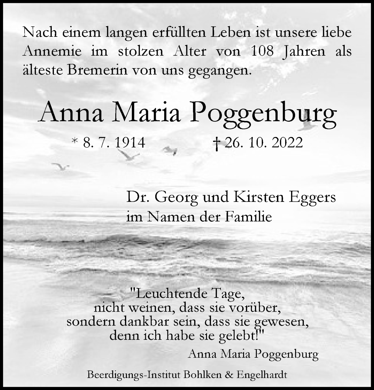 Traueranzeige von Anna Maria Poggenburg von WESER-KURIER