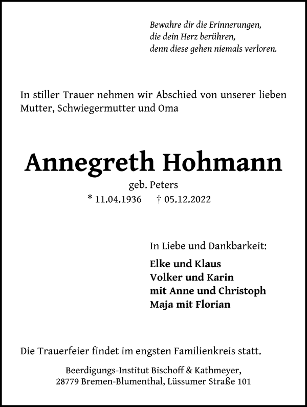 Traueranzeige von Annegret Hohmann von Die Norddeutsche