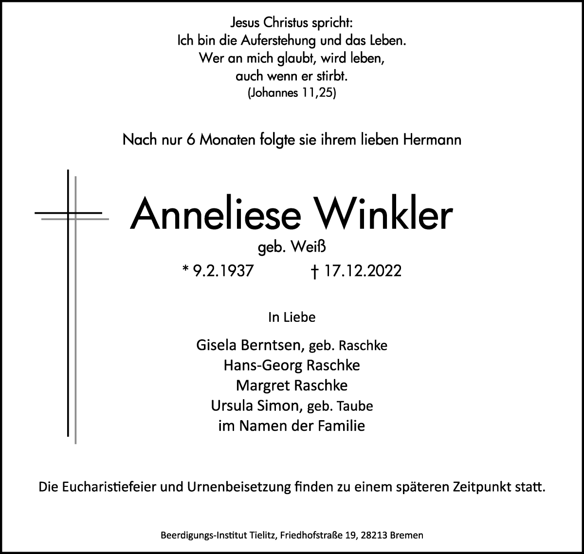 Traueranzeige von Anneliese Winkler von WESER-KURIER