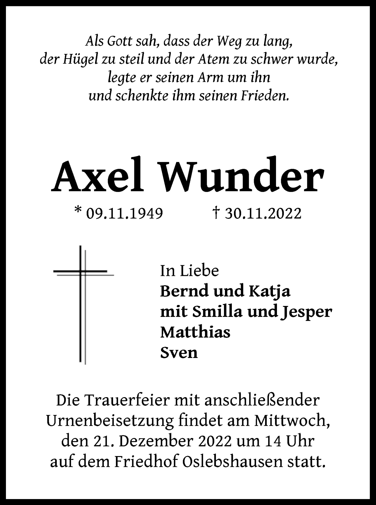 Traueranzeige von Axel Wunder von WESER-KURIER