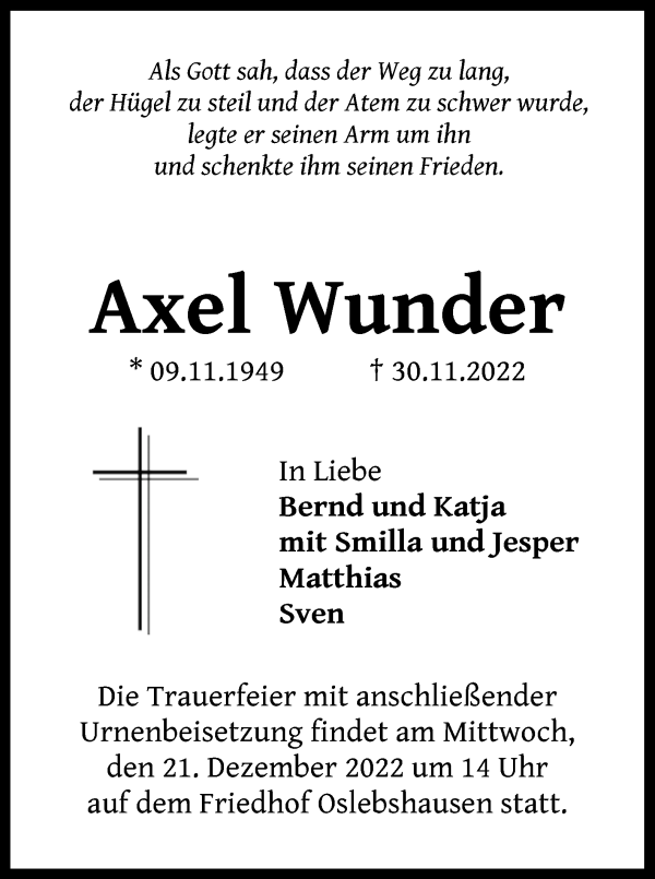 Traueranzeige von Axel Wunder von WESER-KURIER