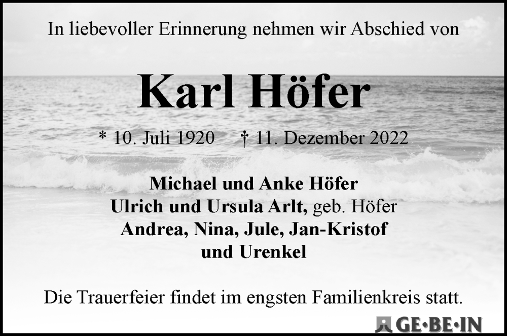 Traueranzeige von Karl Höfer von WESER-KURIER