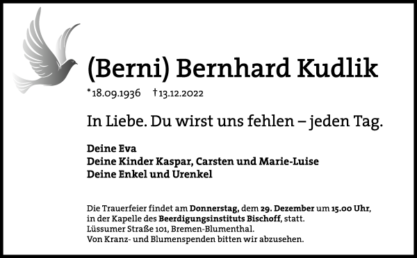 Traueranzeige von Bernhard (Berni) Kudlik von Die Norddeutsche