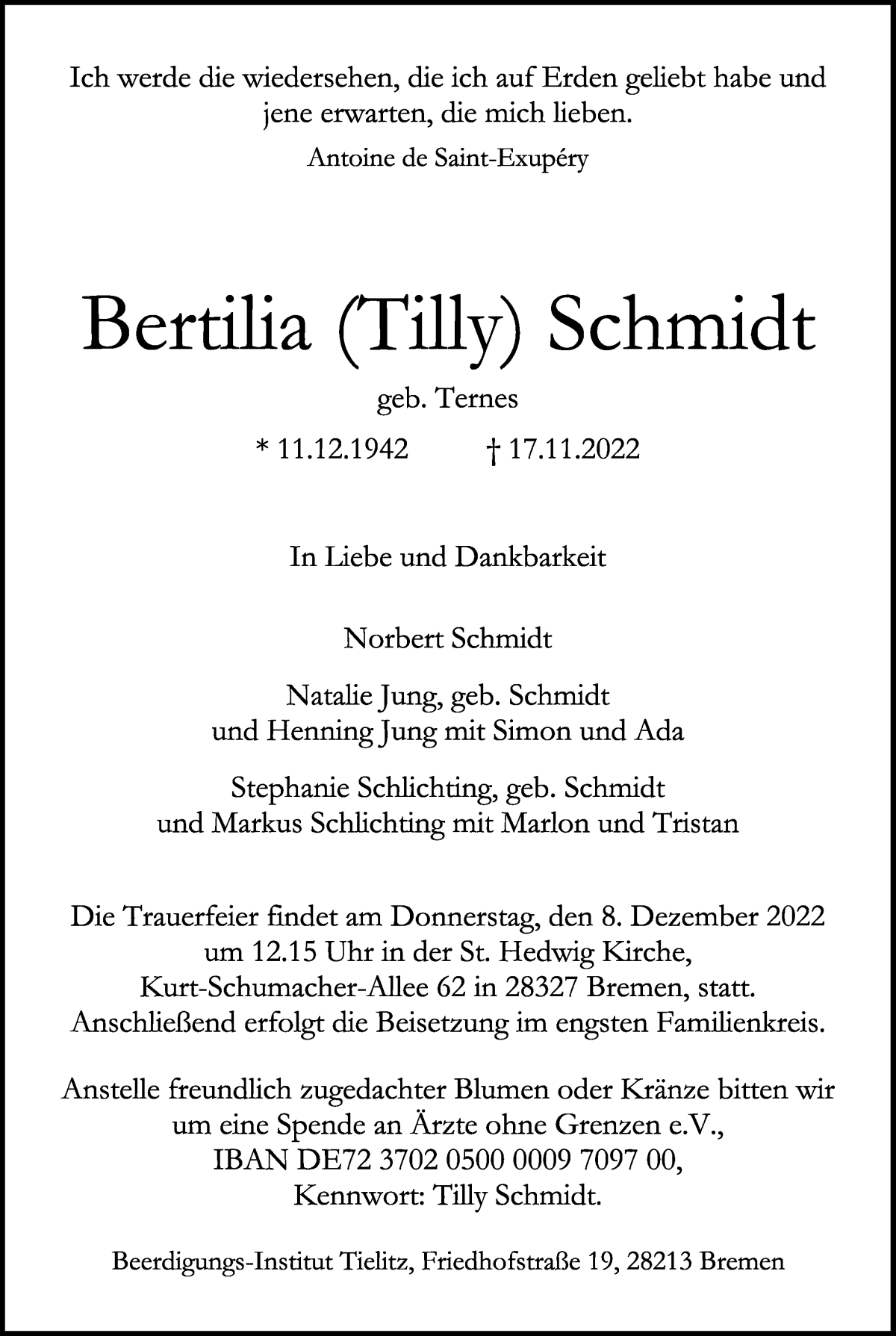 Traueranzeige von Bertilia Schmidt von WESER-KURIER
