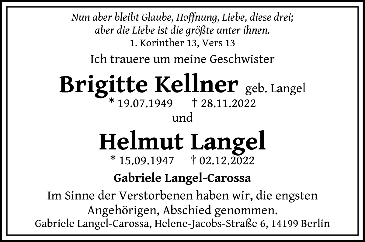 Traueranzeige von Brigitte und Helmut Langel von WESER-KURIER