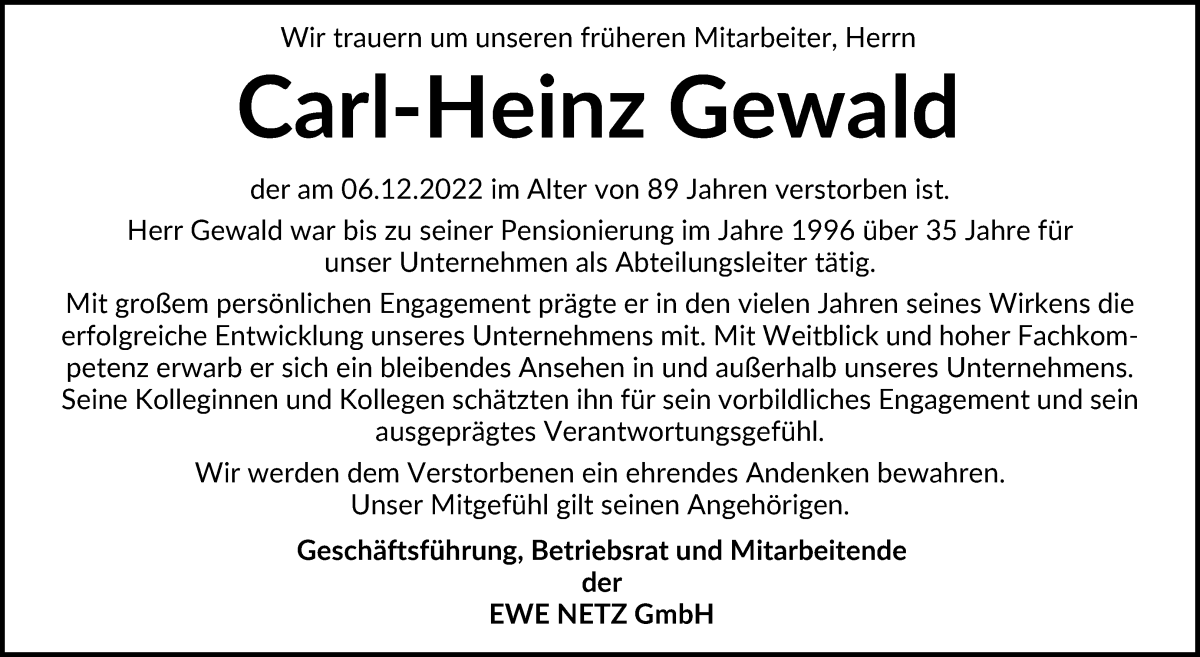 Traueranzeige von Carl-Heinz Gewald von WESER-KURIER