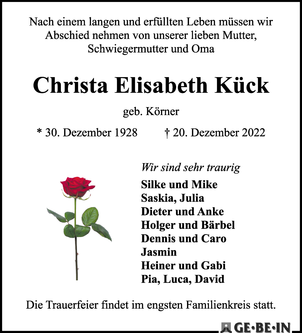 Traueranzeige von Christa Elisabeth Kück von WESER-KURIER