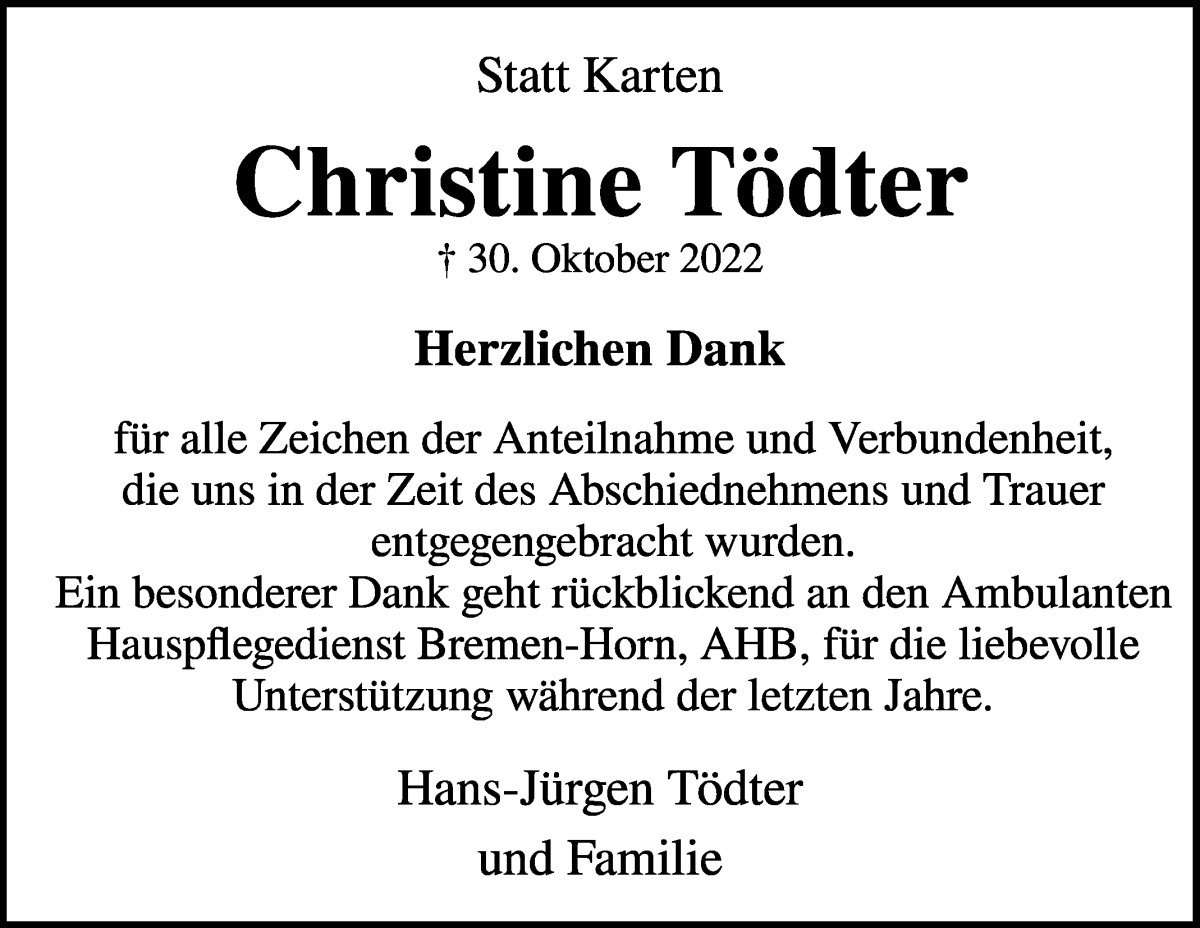  Traueranzeige für Christine Tödter vom 03.12.2022 aus WESER-KURIER