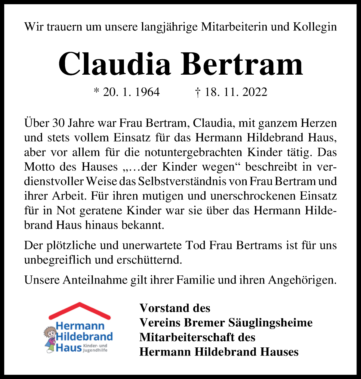 Traueranzeige von Claudia Bertram von Die Norddeutsche
