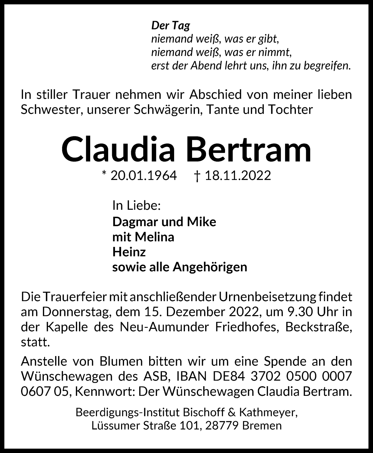  Traueranzeige für Claudia Bertram vom 10.12.2022 aus Die Norddeutsche