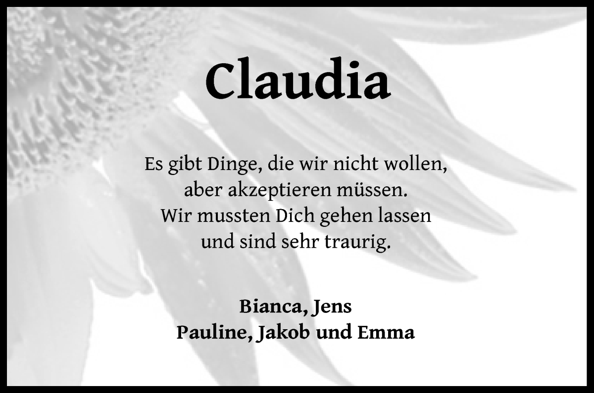 Traueranzeige von Claudia Holldorf von Osterholzer Kreisblatt