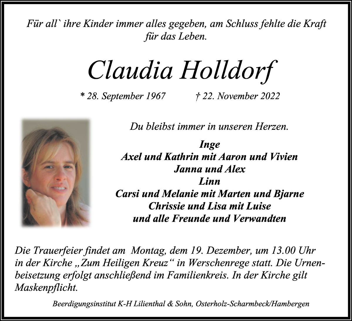 Traueranzeige von Claudia Holldorf von Osterholzer Kreisblatt