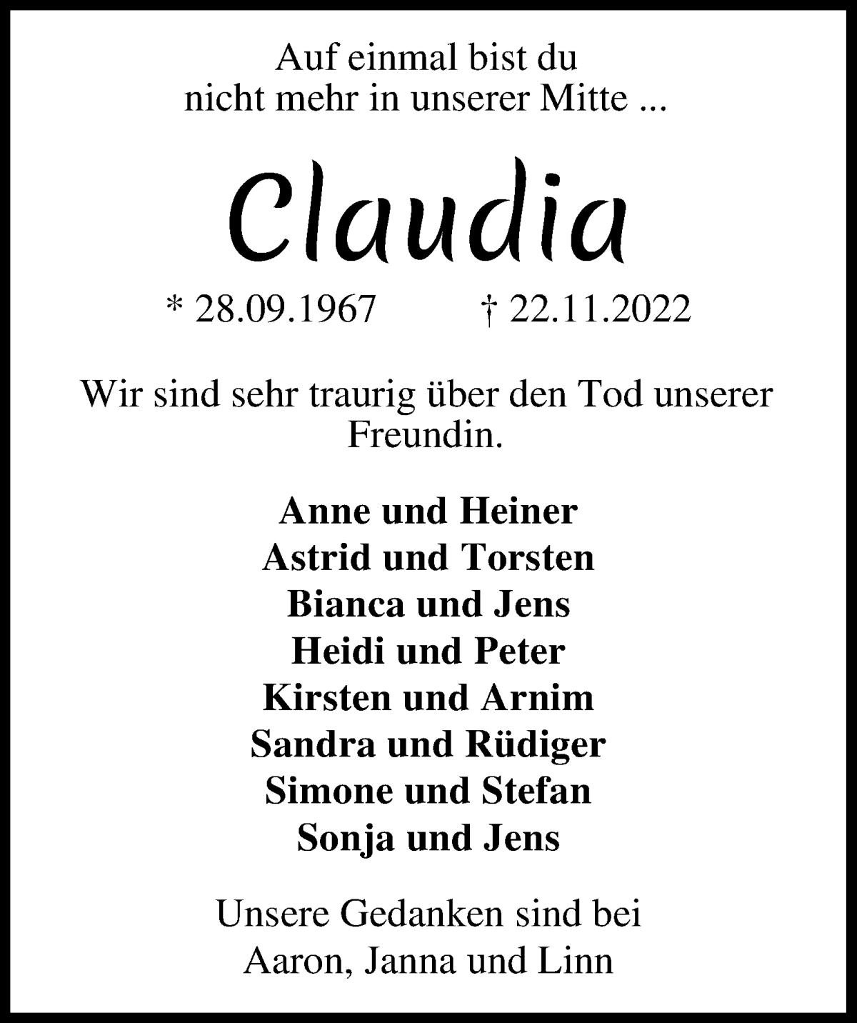 Traueranzeige von Claudia Holldorf von Osterholzer Kreisblatt