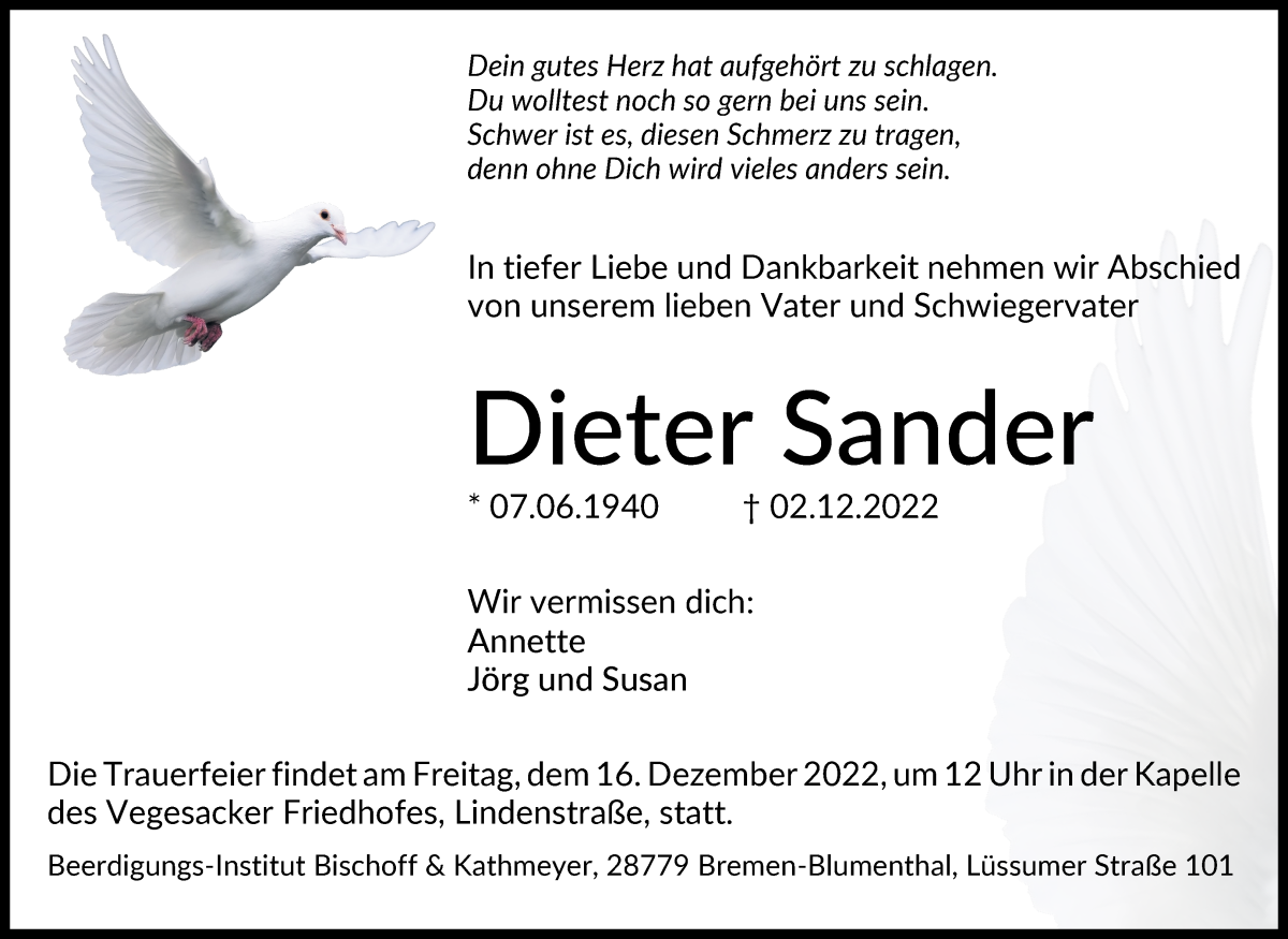  Traueranzeige für Dieter Sander vom 10.12.2022 aus Die Norddeutsche