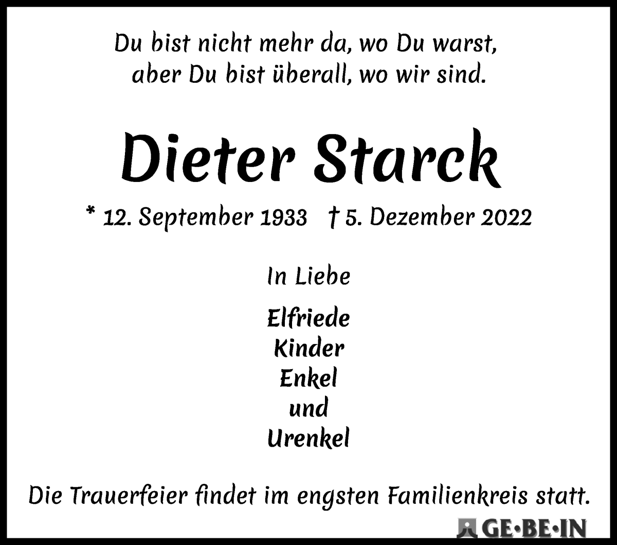  Traueranzeige für Dieter Starck vom 17.12.2022 aus WESER-KURIER