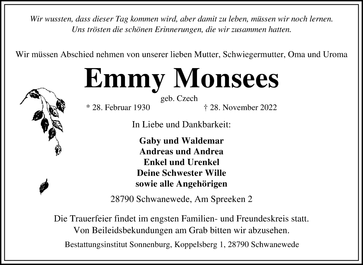 Traueranzeige von Emmy Monsees von Die Norddeutsche