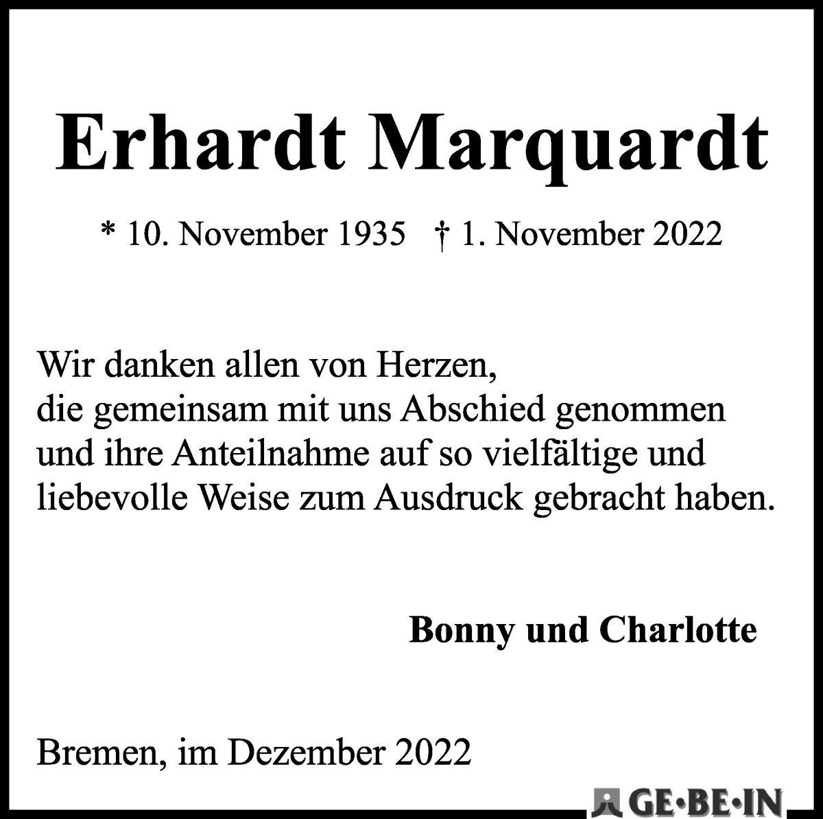 Traueranzeige von Erhardt Marquardt von Die Norddeutsche