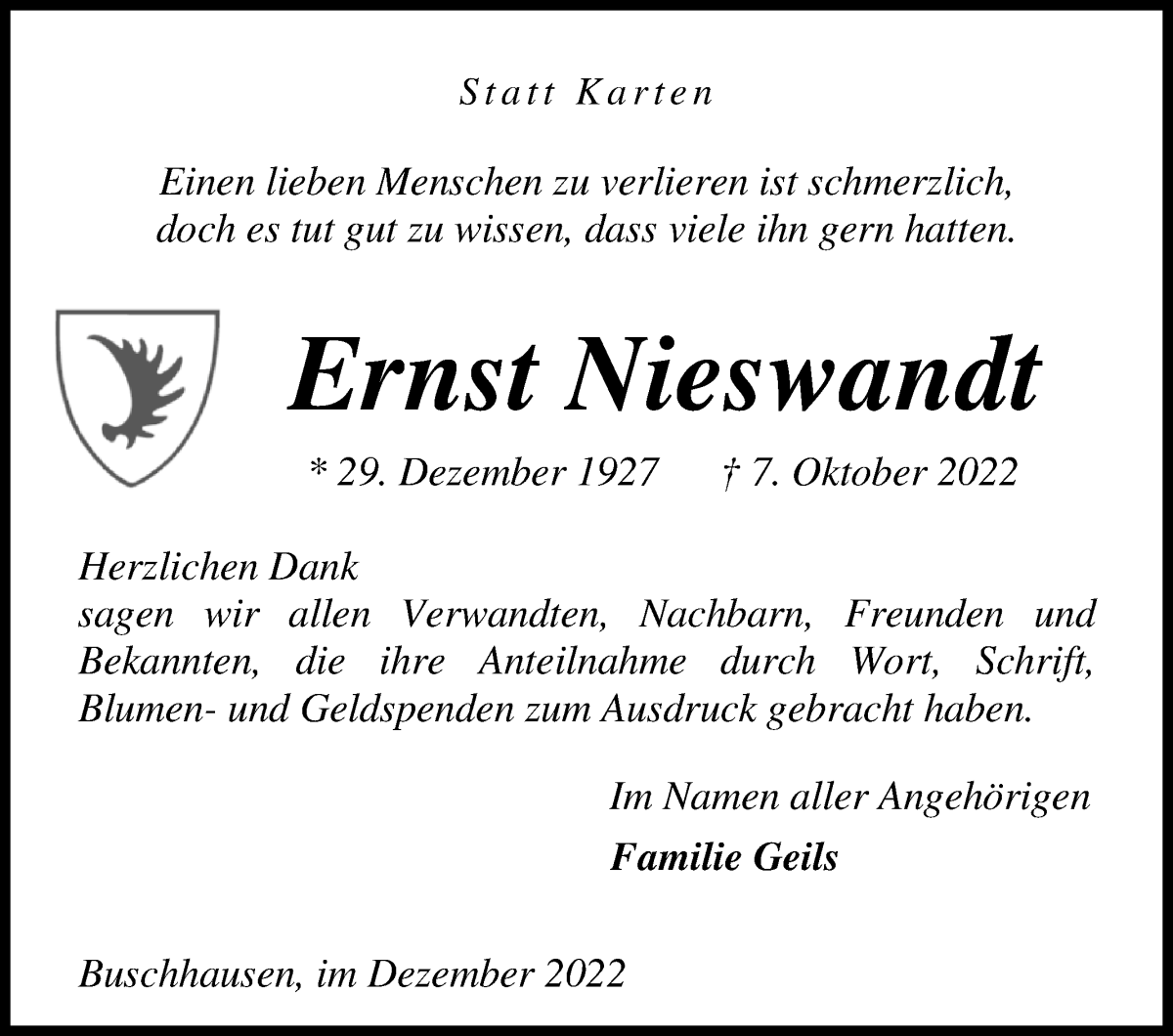Traueranzeige von Ernst Nieswandt von Osterholzer Kreisblatt
