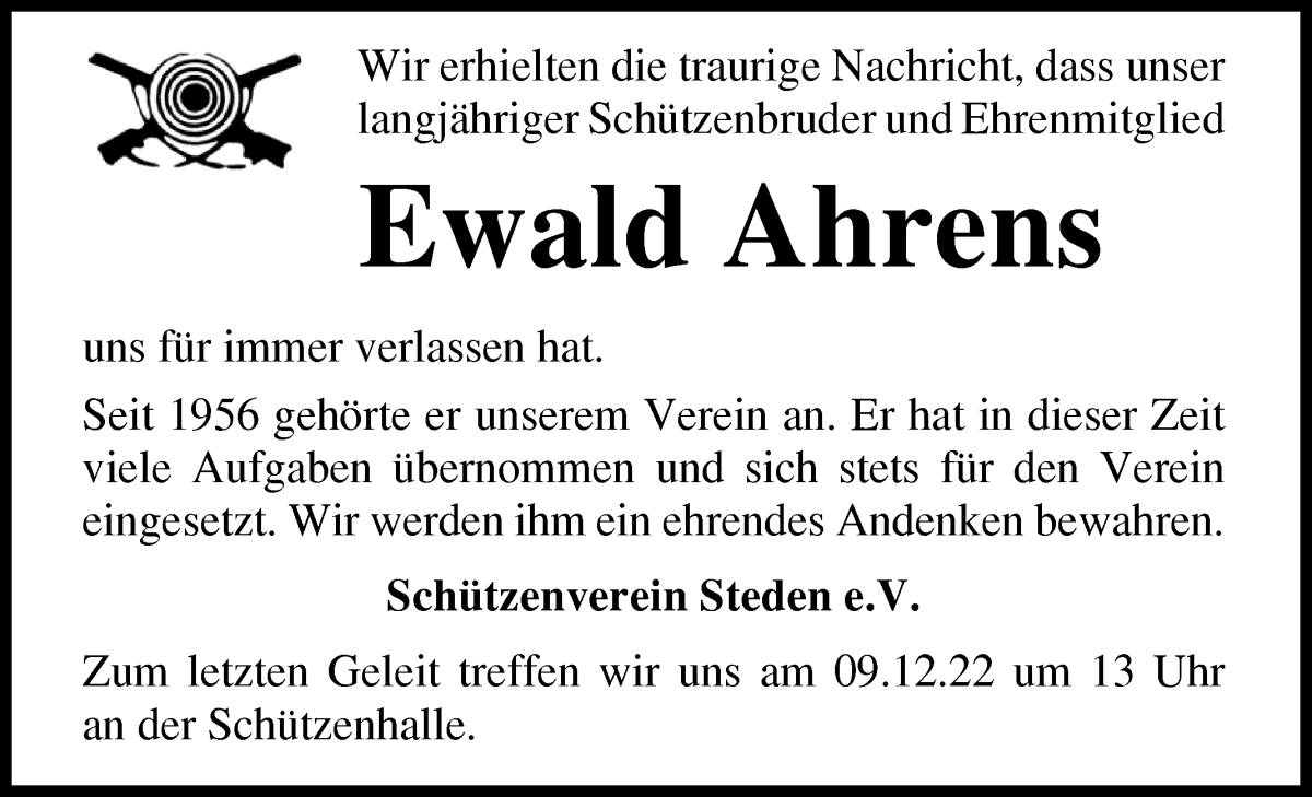  Traueranzeige für Ewald Ahrens vom 07.12.2022 aus Osterholzer Kreisblatt