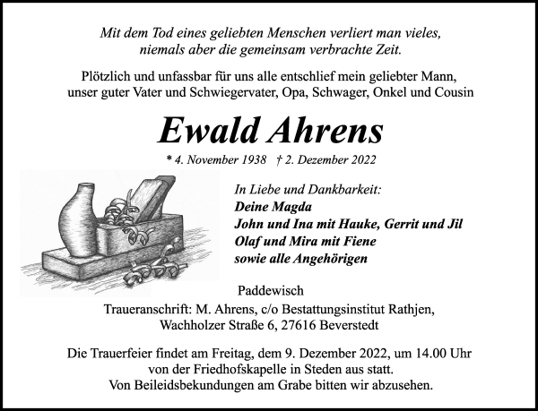 Traueranzeige von Ewald Ahrens von Osterholzer Kreisblatt