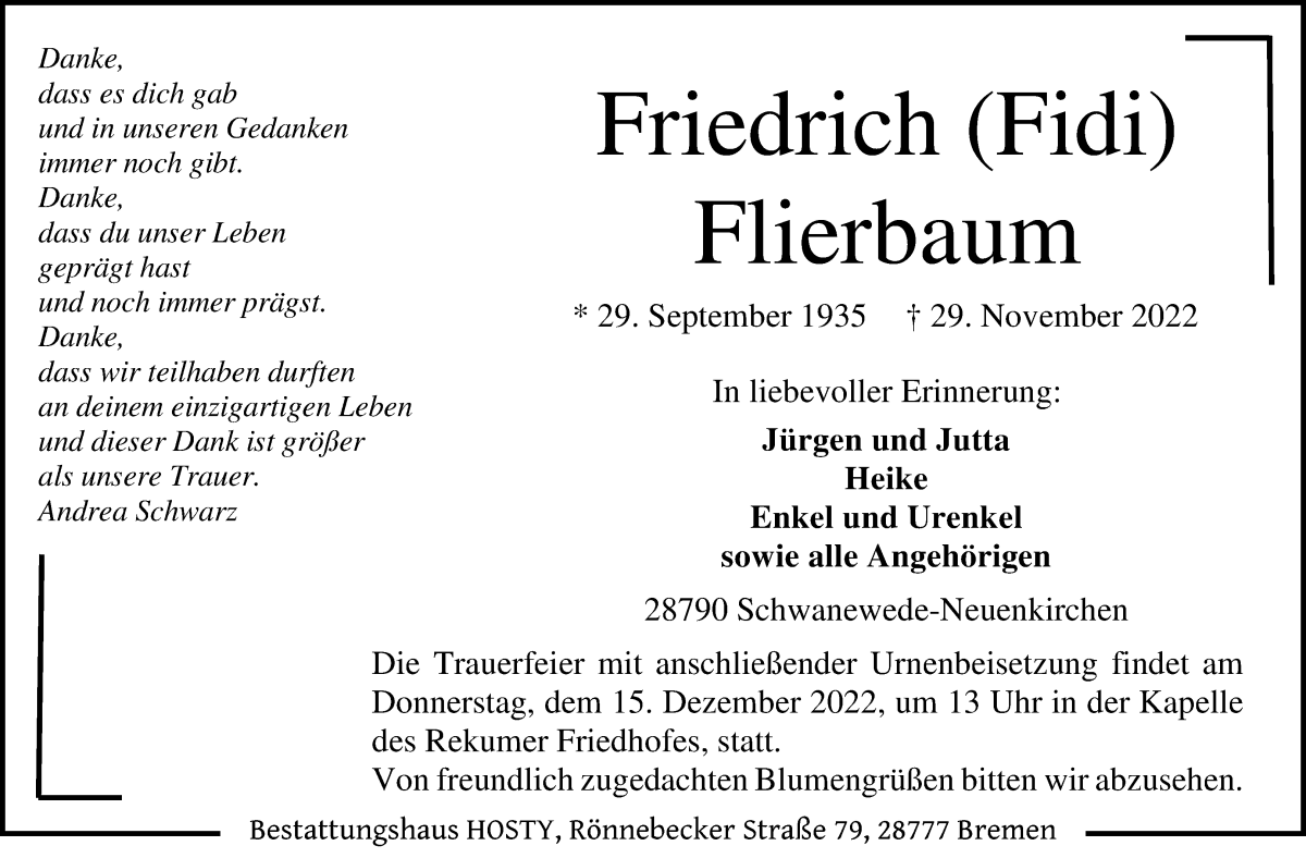  Traueranzeige für Friedrich Flierbaum vom 03.12.2022 aus Die Norddeutsche