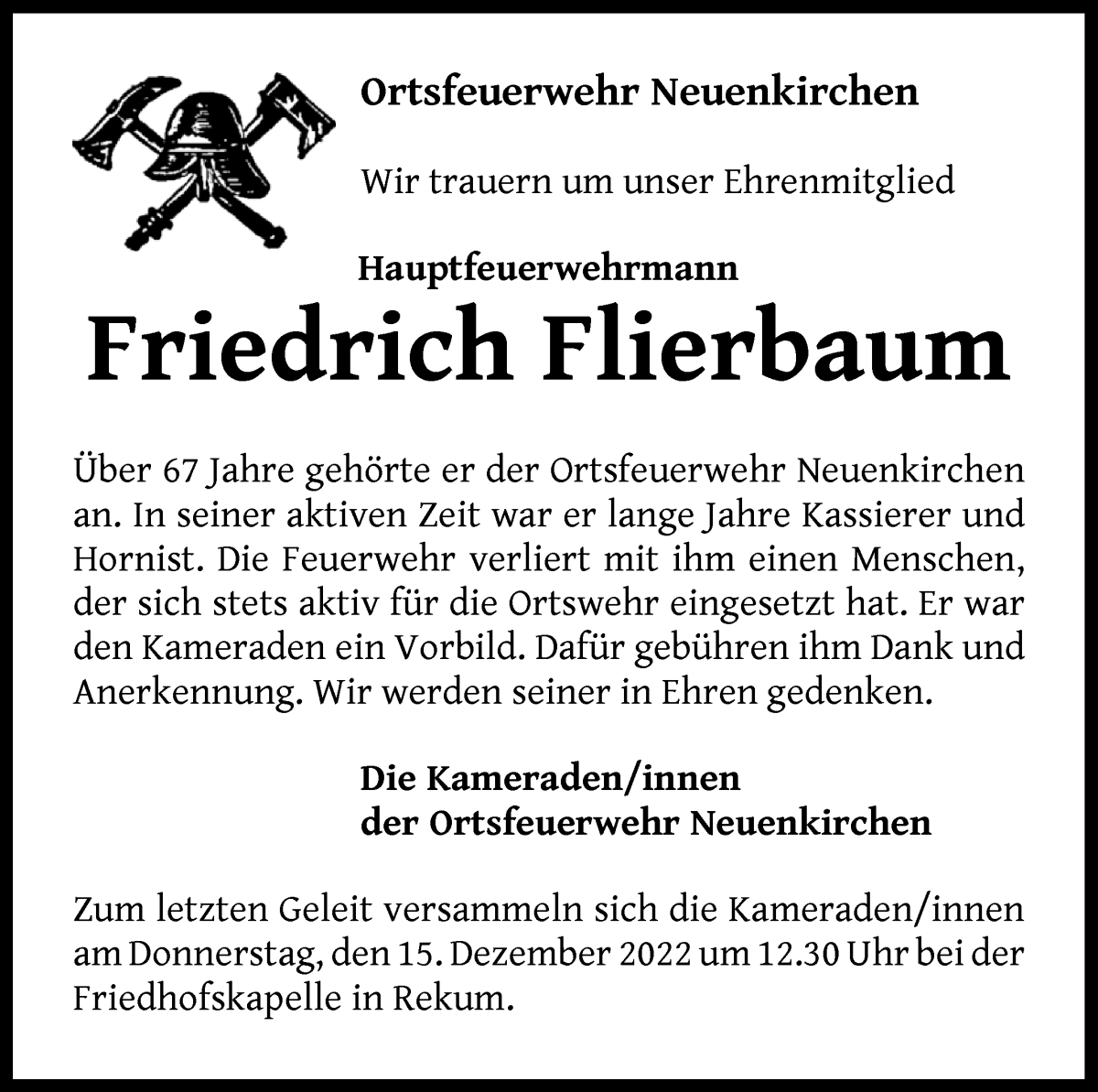  Traueranzeige für Friedrich Flierbaum vom 05.12.2022 aus Die Norddeutsche