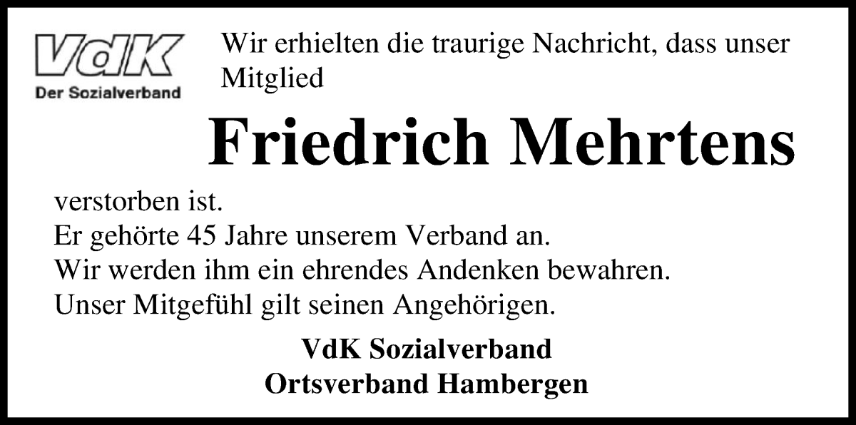  Traueranzeige für Friedrich Mehrtens vom 21.12.2022 aus Osterholzer Kreisblatt