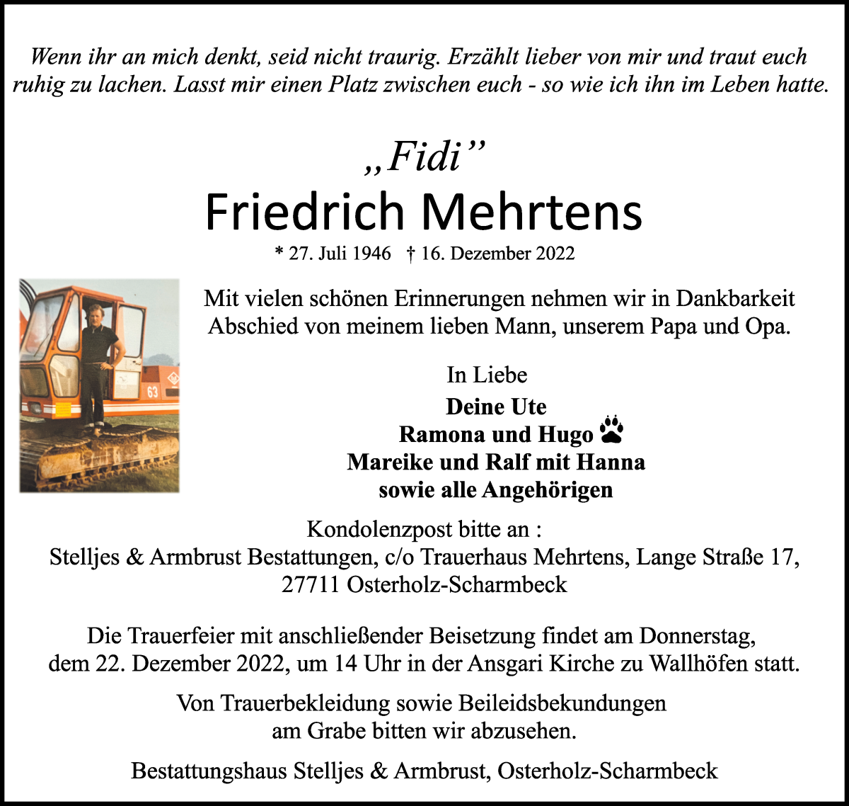  Traueranzeige für Friedrich Mehrtens vom 20.12.2022 aus Osterholzer Kreisblatt