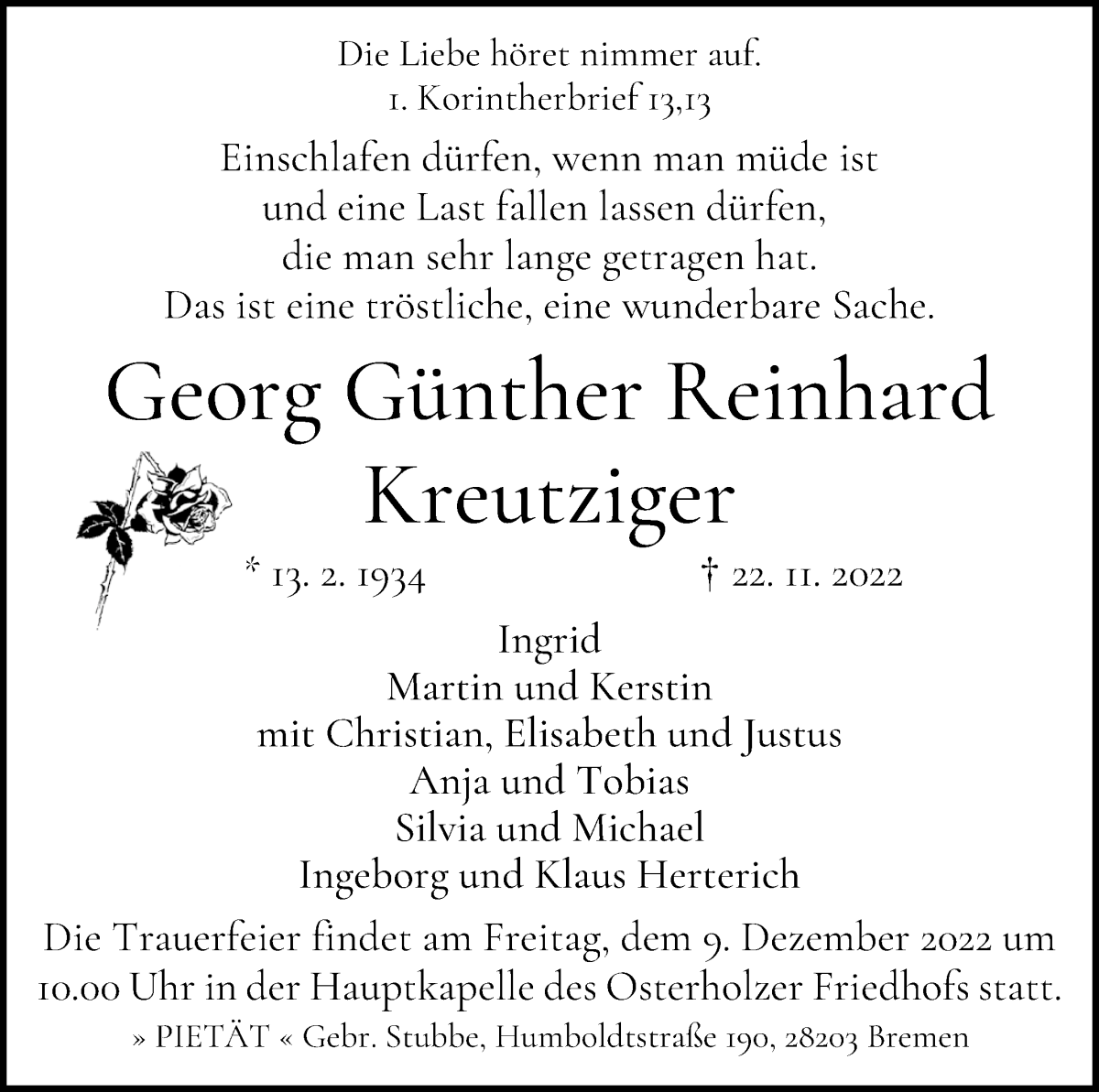 Traueranzeige von Georg Günther Reinhard Kreutziger von WESER-KURIER