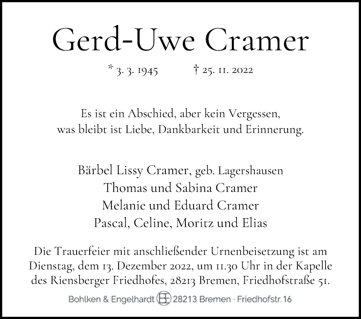 Traueranzeige von Gerd-Uwe Cramer von WESER-KURIER