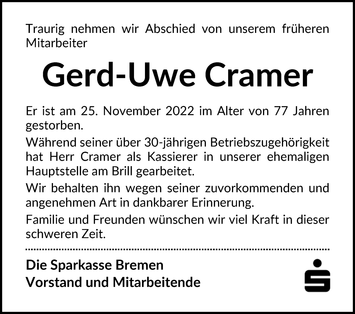 Traueranzeige von Gerd-Uwe Cramer von WESER-KURIER