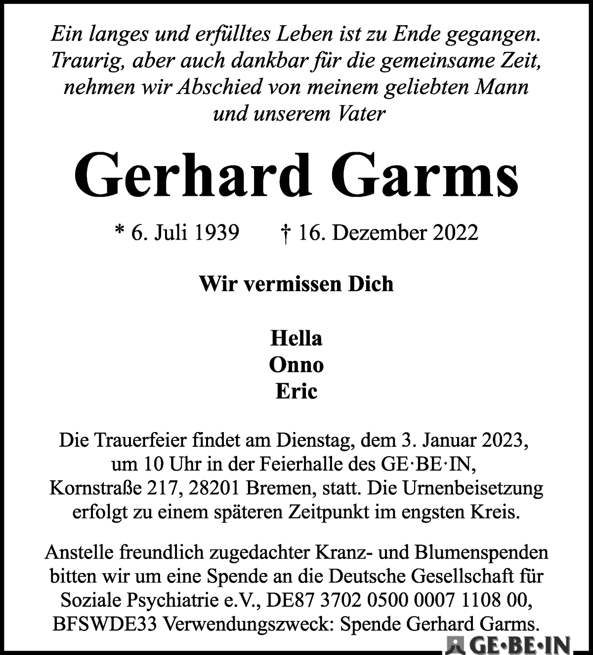 Traueranzeige von Gerhard Garms von WESER-KURIER