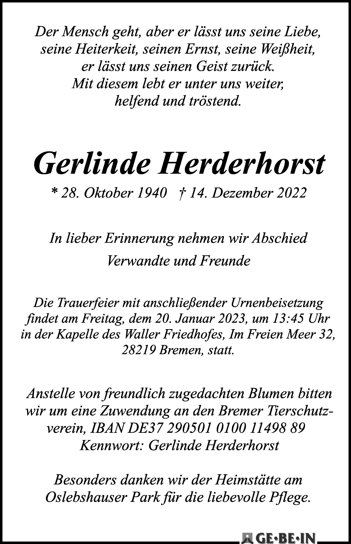 Traueranzeige von Gerlinde Herderhorst von WESER-KURIER
