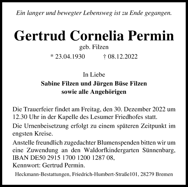 Traueranzeige von Gertrud Cornelia Permin von WESER-KURIER