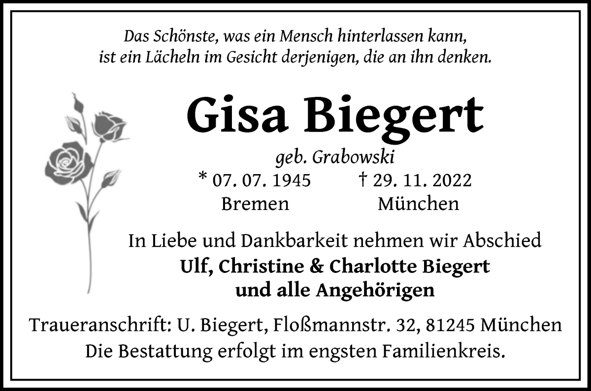  Traueranzeige für Gisa Biegert vom 03.12.2022 aus Die Norddeutsche