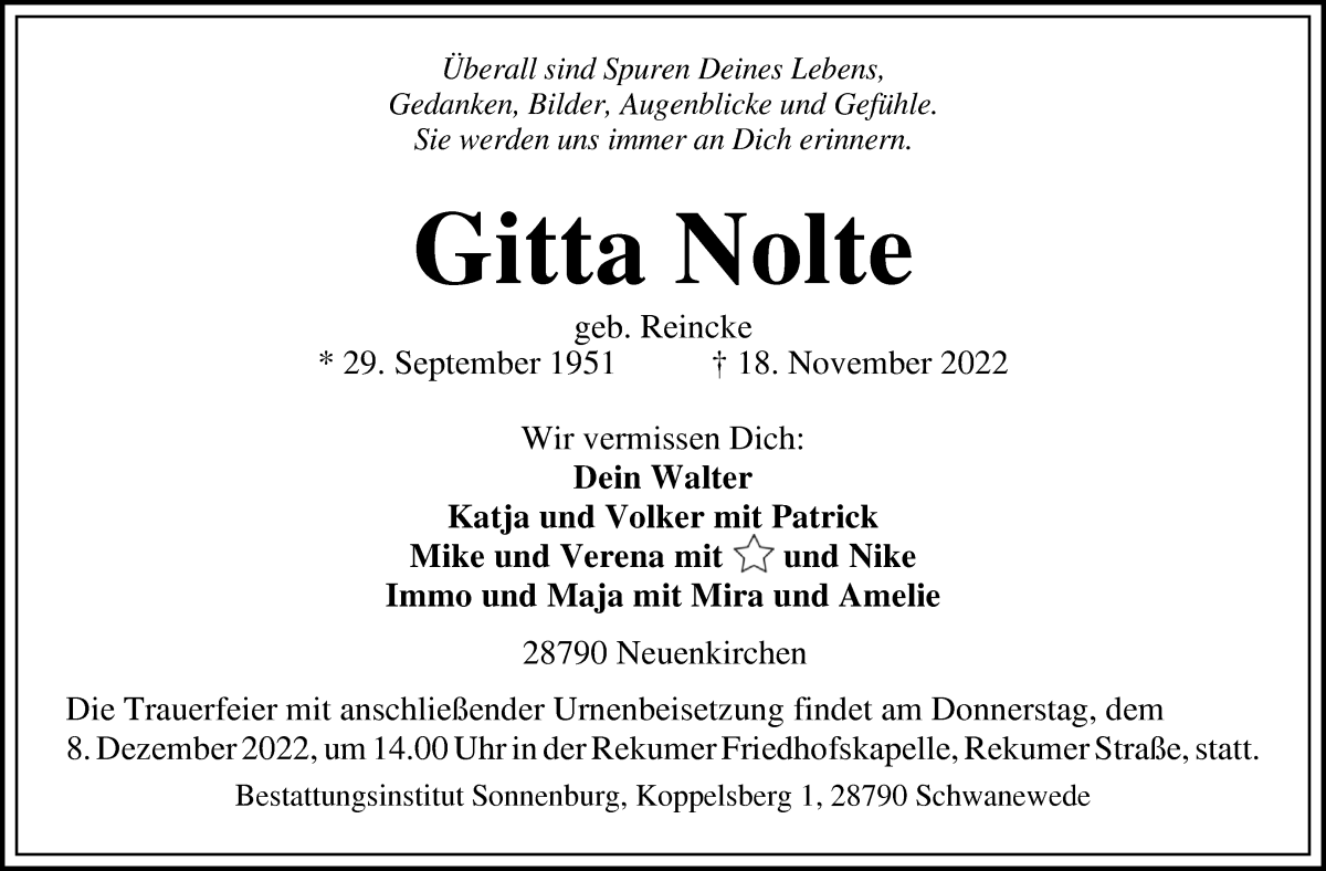 Traueranzeige von Gitta Nolte von Die Norddeutsche