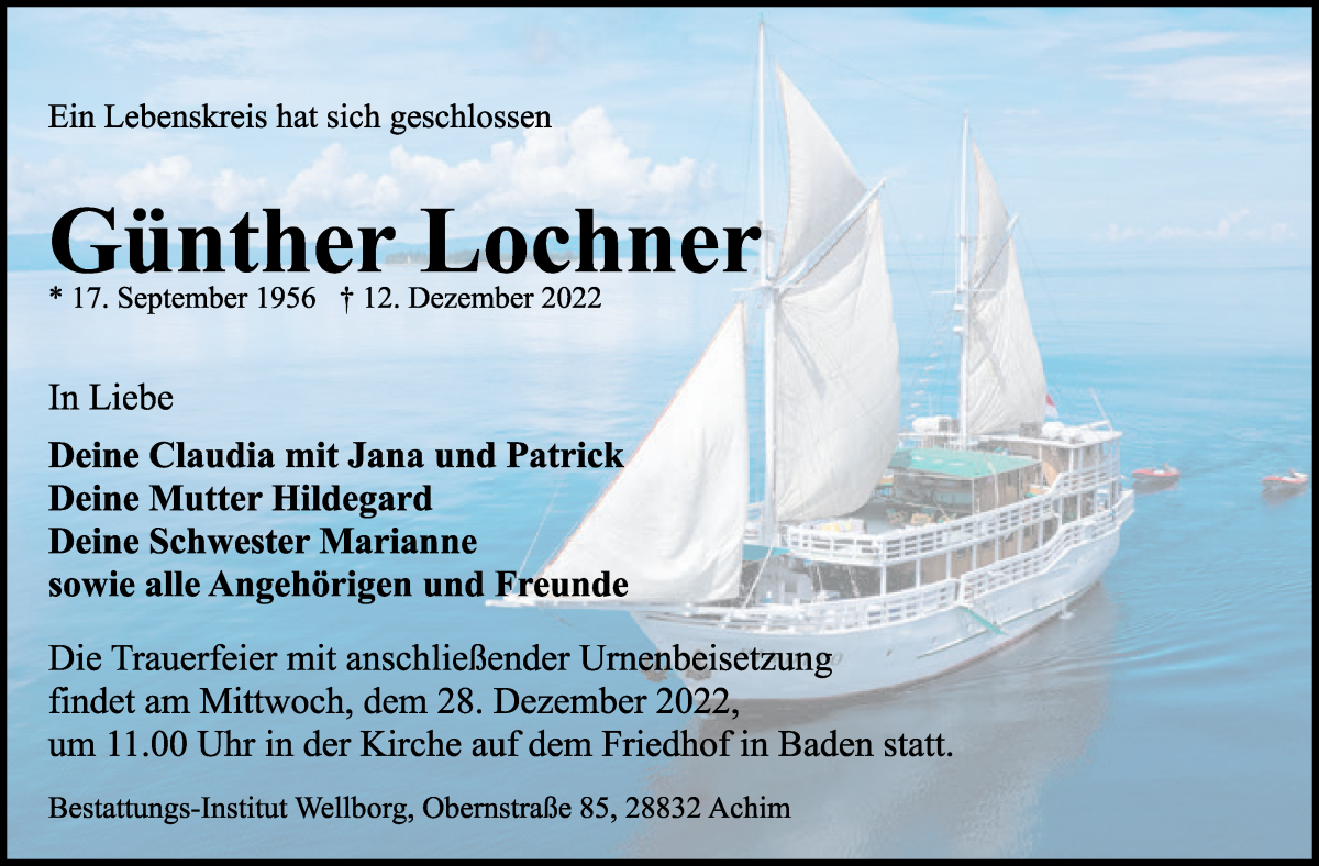  Traueranzeige für Günther Lochner vom 17.12.2022 aus WESER-KURIER