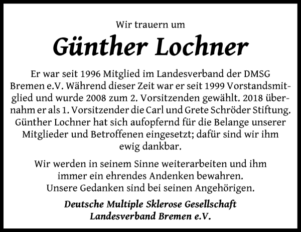 Traueranzeige von Günther Lochner