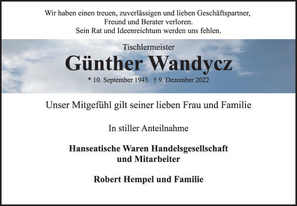 Traueranzeige von Günther Wandycz von WESER-KURIER