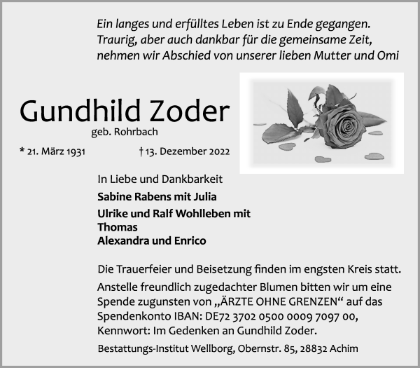 Traueranzeige von Gundhild Zoder von WESER-KURIER