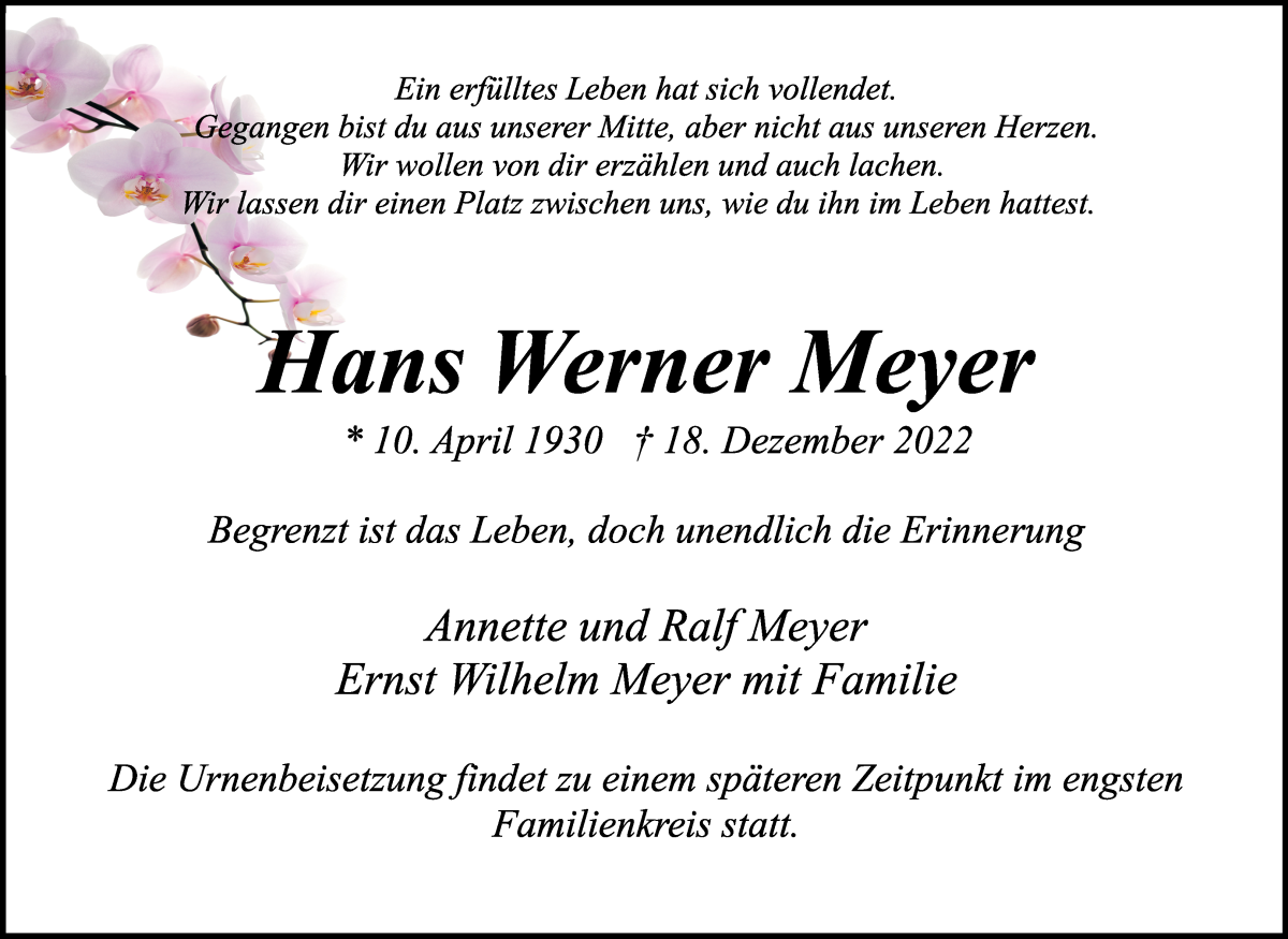 Traueranzeige von Hans Werner Meyer von Wuemme Zeitung