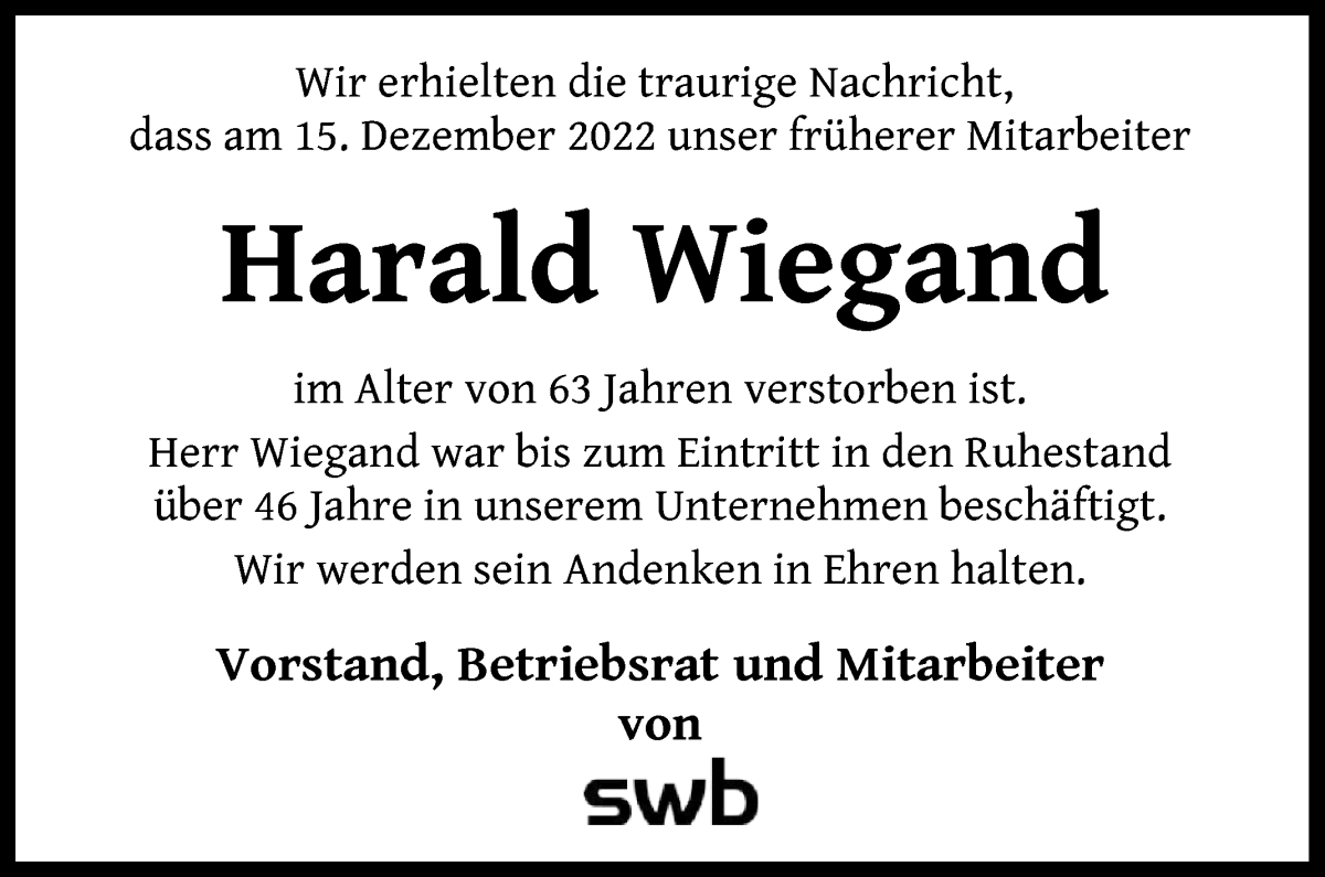  Traueranzeige für Harald Wiegand vom 31.12.2022 aus WESER-KURIER