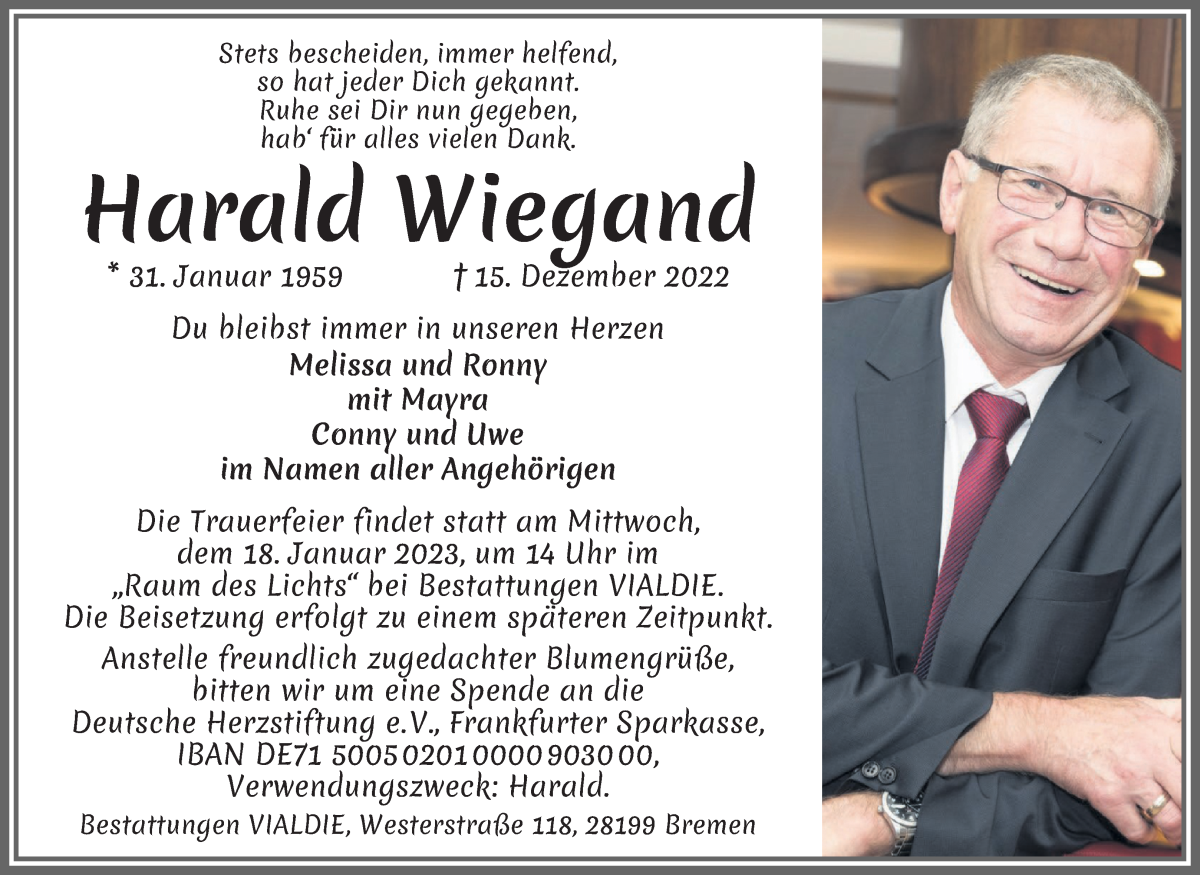  Traueranzeige für Harald Wiegand vom 31.12.2022 aus WESER-KURIER