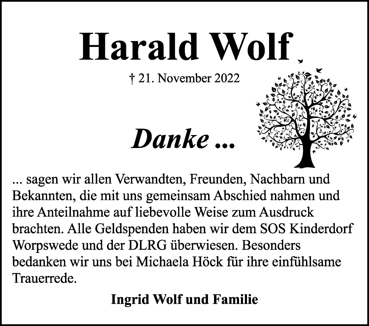 Traueranzeige von Harald Wolf von WESER-KURIER