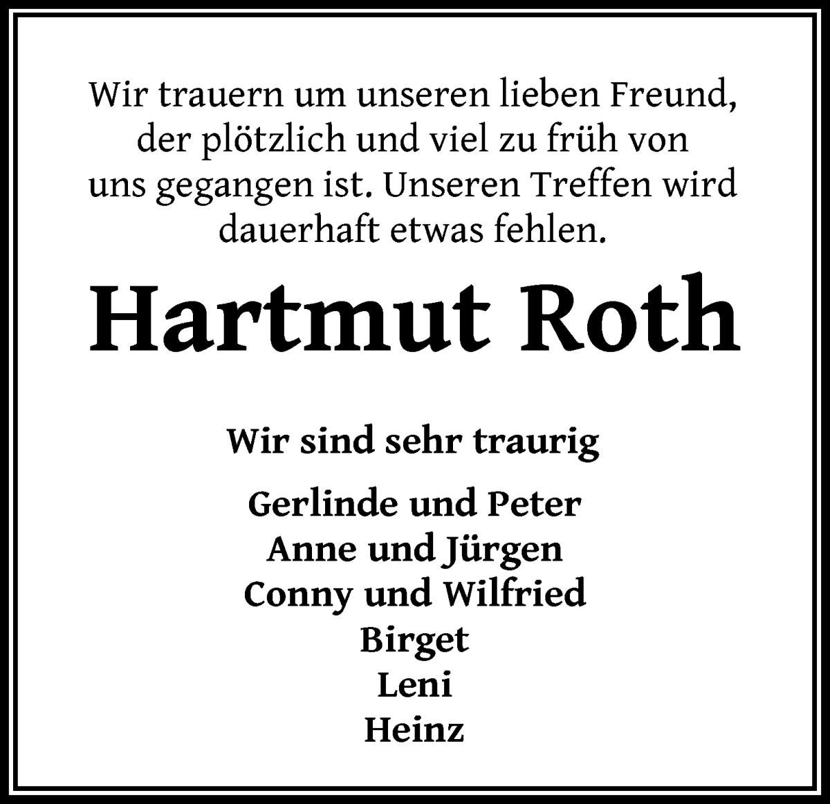 Traueranzeige von Hartmut Roth von WESER-KURIER