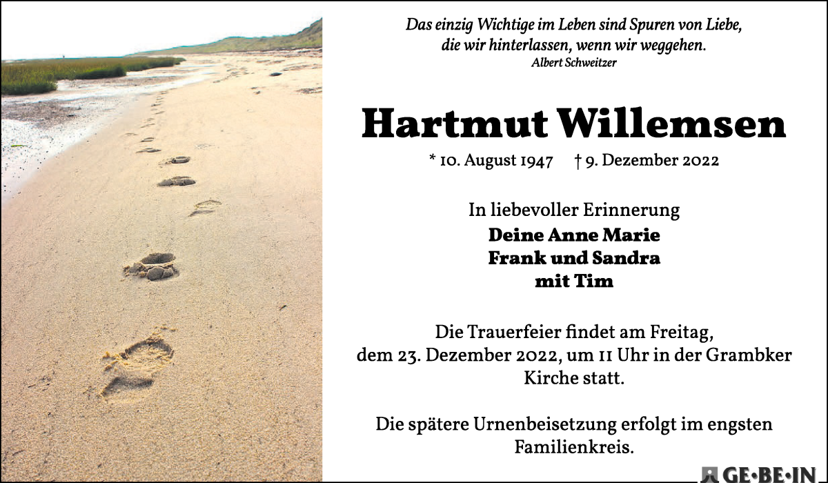  Traueranzeige für Hartmut Willemsen vom 17.12.2022 aus WESER-KURIER