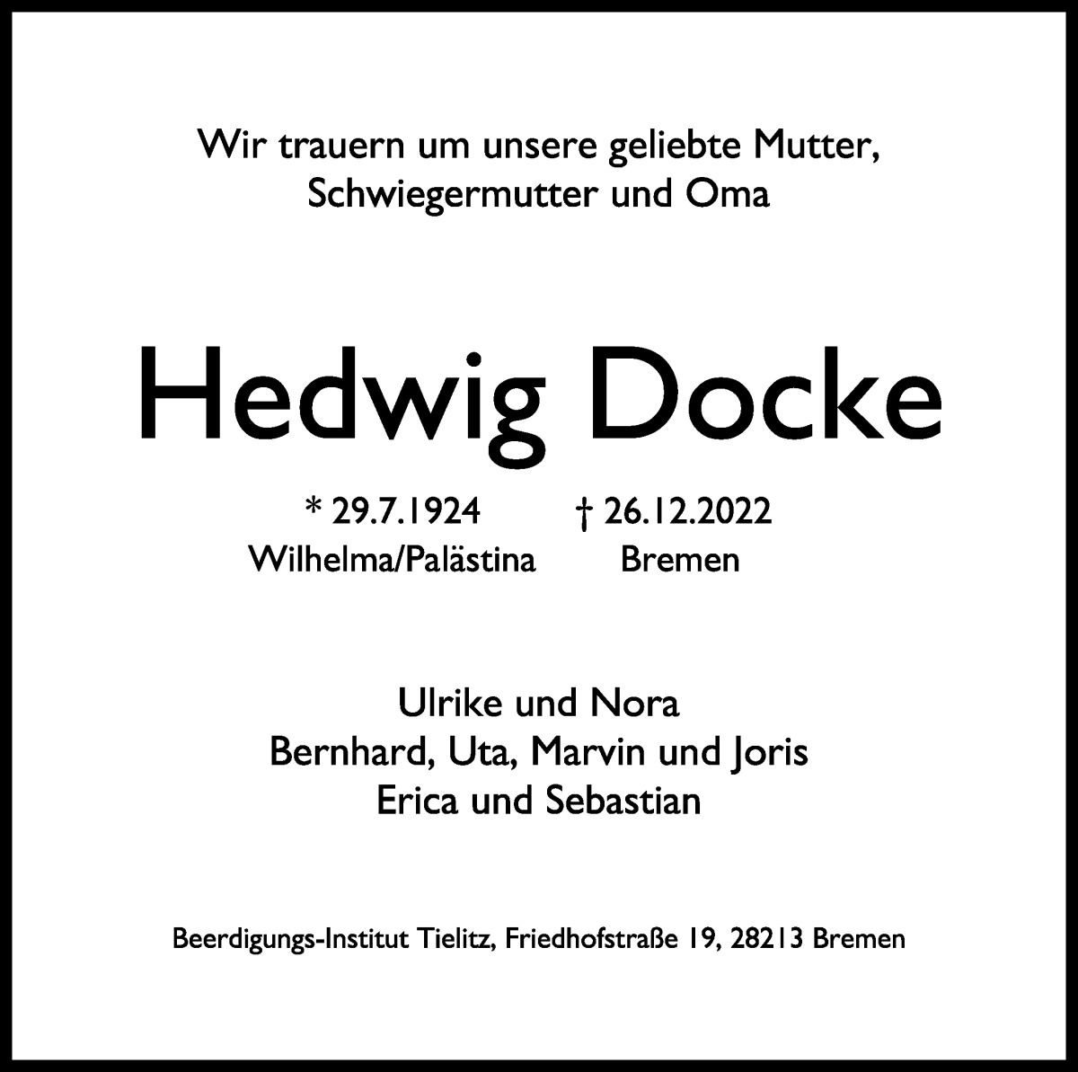 Traueranzeige von Hedwig Docke von WESER-KURIER